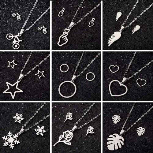 Trendy Finger Heart/Star/Round/Feather/ Flower/Bicycle Stainless Steel Necklace Earrings Sets For Women Girls Party Jewelry Gift