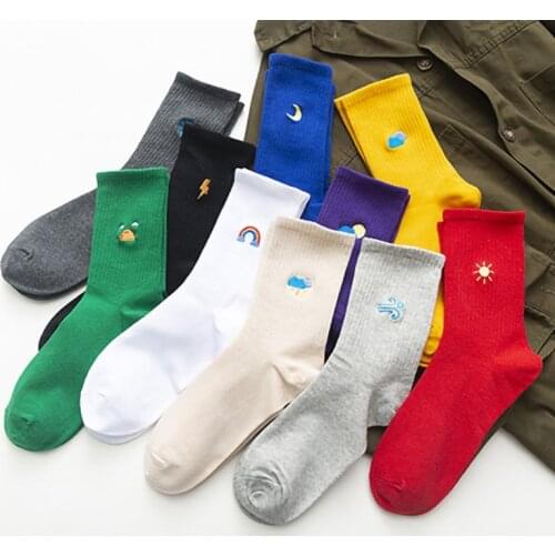Fashion Weather Sunny Cloudy Pattern Print Socks For Women Harajuku Funny Creativity Mood Lightning Rainbow Embroidery Socks