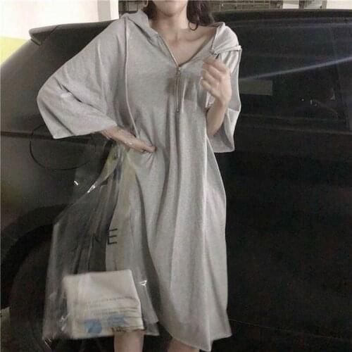 Dress for Women 2021 Summer Three Quarter Sleeve Casual Loose Waist Dress Detachable Cap Preppy Style Midi Vestidos
