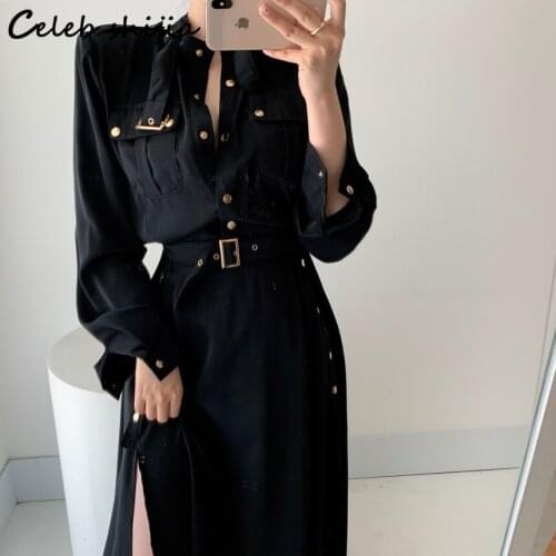 Black Cargo Dress Woman with Belt High Waist Vestidos Woman Clothing Business Chic OL Single-breasted Maxi Dresses Female Fall