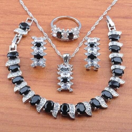 Silver Color Jewelry Set Black Zirconia White Crystal For Women Earrings Necklace Pendant Rings Bracelet Set JS0560