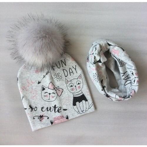Baby Girls Hat Scarf Cotton Cartoon Printing Hat With Pompon For Girls Winter Children Cap Faux Fur Baby Hat Bonnet