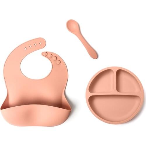 Silicone Baby Plate With Suction Children Kids Baby Silicon Dinnerware Plate Bib Spoon Set