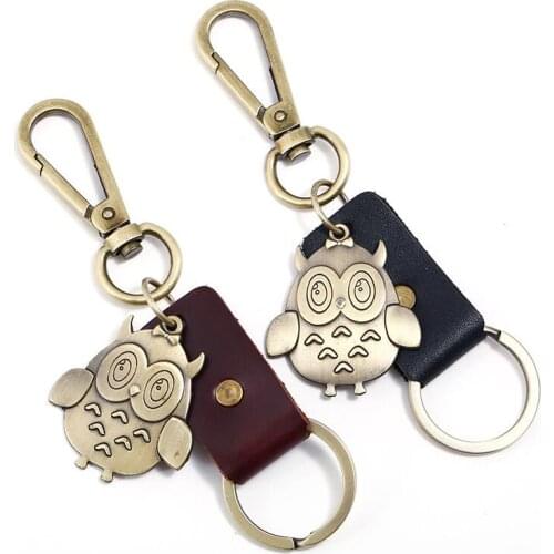 Vintage Fashion Cute Owl Key Chains Punk Metal Pendant Charm Leather Bag Car Ring Holder Retro Bronze Keychain Accessories Gift