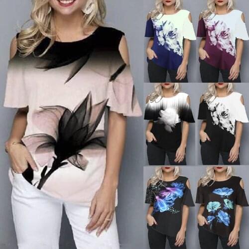 Spring and summer new Amazon explosions womens large size loose 3D flower print round neck strapless short-sleeved T-shirt