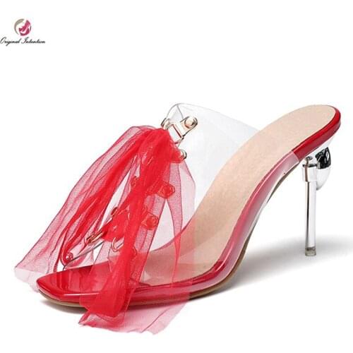 Original Intention Elegant Slip on Sandals Woman Open Toe Slim Metal Thin High Heels Summer Black Shoes Woman Plus Size 4-16