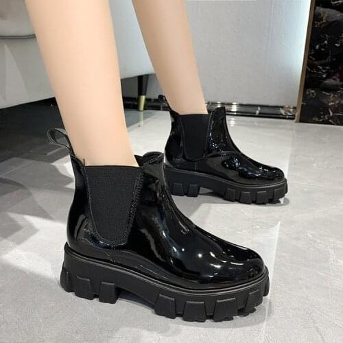 2021 New Spring Patent Leather Ankle Boots Women Motorcycle Boots Female Fashion Shoes Woman Thick Sole Punk Boot Black A064