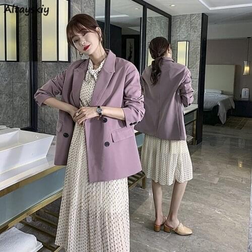 Casual Blazers Women Spring Purple Chic Vintage Plus Size S-3XL All-match Korean Version Lady BF Simple Double Breasted Female
