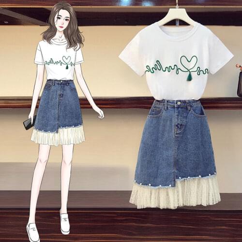 Women 2020 Summer T-shirt Jeans Skirt Suit Girls Sweet Joker Lace Tassel Clothing Set Lady Leisure Out Side White Short Sleeve