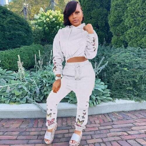Womens Tracksuit Butterfly Print Hooded Full Sleeve Sweatshirt and Drawstring Jogger Sweatpant Spring Autumn Two Piece Outfit