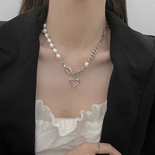 Elegant Natural Pearl Empty Love Necklace For Women Gold Chunky Link Chain Asymmety Toggle Clasp Circle Chokers Necklace Gift