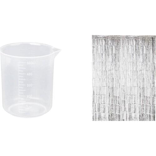 1 Pcs 500ml Graduated Beaker Transparent & 1 Pcs 1X3m Thick Rain Silk Curtain, Rain Silk Curtain, Tassel Flower-Silver