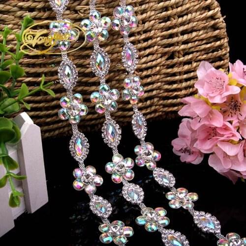 1Yards Fashion AB Gold and Silver Stunning Rhinestones Applique Trim Handmade Trim Garment Costume Decoration