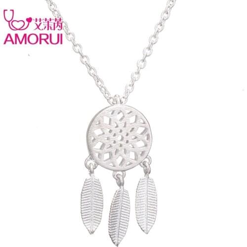 AMORUI Trendy Silver Color Dream Catcher Feather Pendant Necklaces for Women Fashion Vintage Dreamcatcher Women Necklace Jewelry