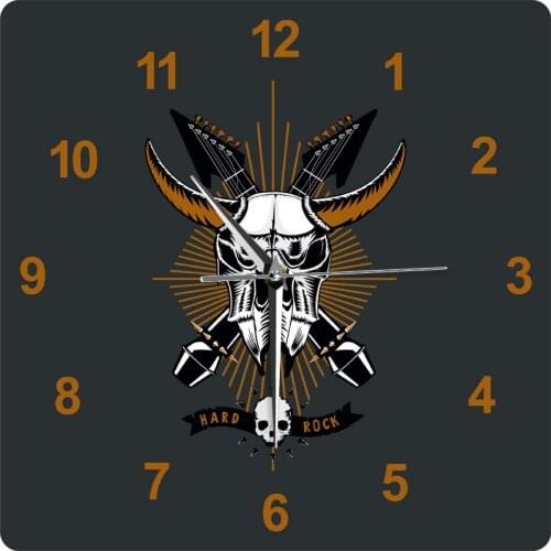 Rock Music with Bull Skull Square Wall Hanging Clock Microphone and Guitar Grunge Style Heavy Metal Tattoo Home Decorative Watch