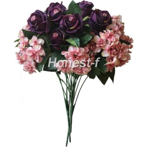Artificial Multi-Coloured Rose Silk Flowers Bounquet Mixed Arrangement, Home Hotel Room Wedding Decoration(Purple And Pink)
