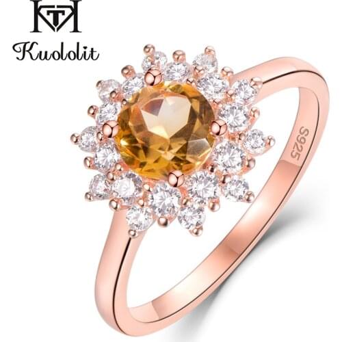Kuololit Natural Citrine Gemstone Rings for Women 925 Sterling Silver Rose Round Cut Stone Rose Color Ring Wedding Band Jewelry