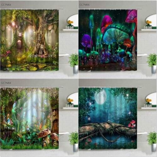 Fairy Tale Forest Shower Curtains Set Magic Mushroom And Tree Printed Kids Girl Wall Hanging Bathroom Decor Fabric With Hooks