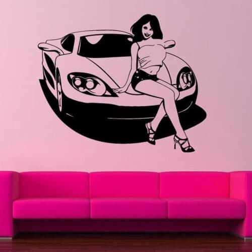 Auto salon girls Wall Decal Car Sexy Beautiful Girl Woman Vehicle Fast Driving DIY Wall Stickers Vinyl Bedroom Decor Mural C906