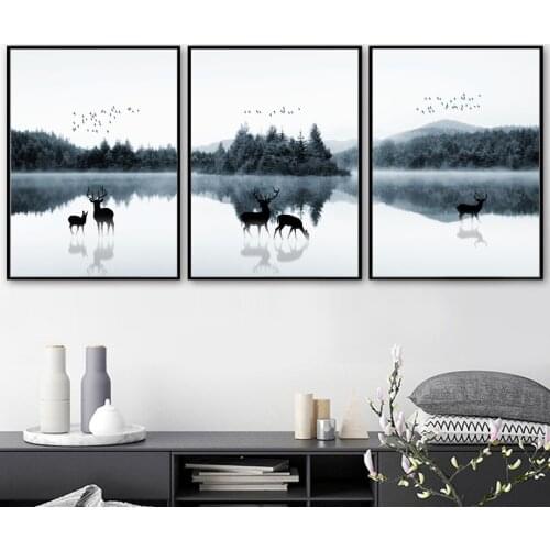Wall Art Canvas Painting Quiet Deer Bird Lake Forest Landscape Nordic Posters And Prints Canvas Pictures For Living Room Decor