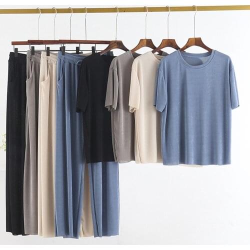 Fdfklak Black/Pink Loungewear Summer Short Sleeve 2 Piece Solid Suit Pajamas For Women Sleeping Tops+Pants Pijama Feminino