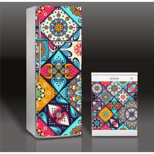 Wholesale 3D Modern Colorful Pattern SelfAdhesive Dishwasher Refrigerator Freeze Sticker Kids Art Fridge Door Cover Wallpaper