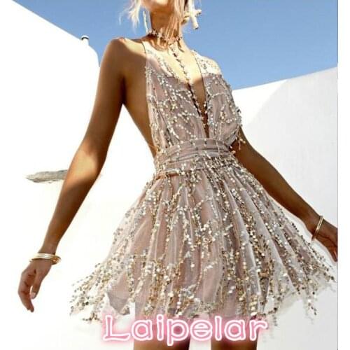 Sexy Spaghetti Strap sequined gown mini Clothes Women deep v neck Laipelar