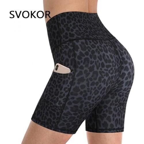SVOKOR Leopard Sports Shorts Women Fitness Pockets Cycling Shorts Biker Elastic High Waist Plus Size Snake Print Bottoms Gym