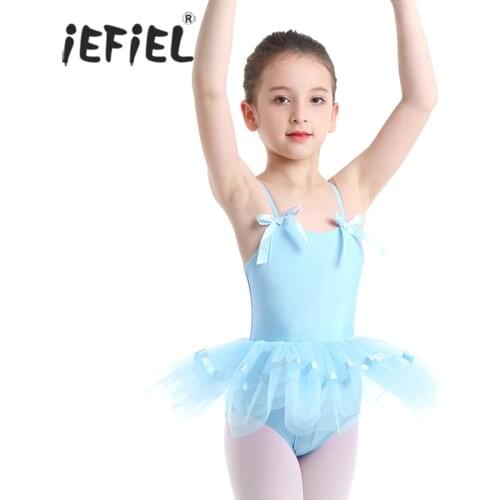 IEFiEL Kids Girls Dance Dress Spaghetti Straps with Bowties Ballet Dance Gymnastics Leotard Girls Tutu Ballerina Dancing Dress