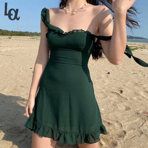 Luck A Summer Sexy Mini Shoulder Spaghetti Strap Green Casual Sundress Vintage Elegant Bodycon Beach Party Dress Boho Robe 2021
