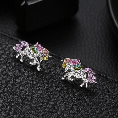 Unique Charming Jewelry Colorful Crystal Unicorn Earrings for Women Wedding Gift Cute Animal Earrings