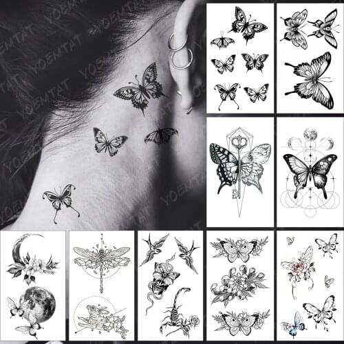Waterproof Temporary Tattoo Sticker Black Butterfly Snake Fake Tatoo Woman Male Ear Hand Sexy Body Art Tattoos Flash Tatto Kid