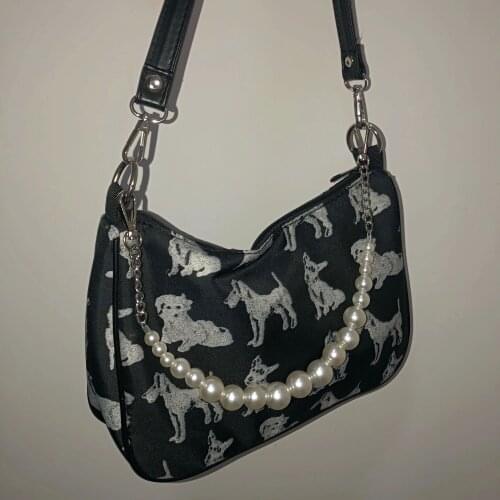 Pearl Chain Dog Pattern Women Shoulder Bags Fashion Female Girls Hobos Tote Purse Handbags Retro Design Ladies Underarm Bag