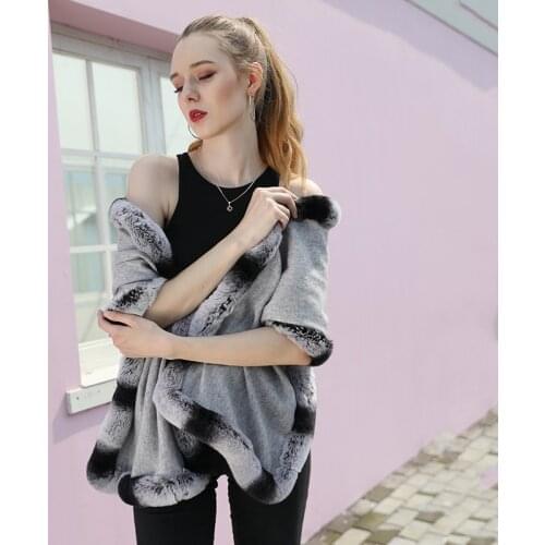 High Quality Women Scarf 100% Wool Shawl Cape With Real Rabbit Fur Trim Luxury Elegant Wrap for Ladies