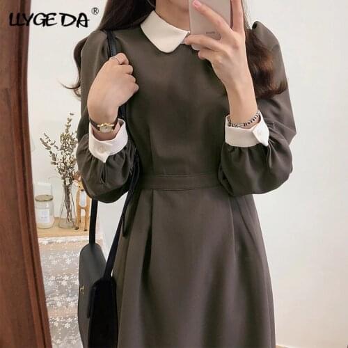 Womens High Waisted Long Dress Peter Pan Collar A-Line Maxi Dresses Women 2020 Spring Patchwork Vintage Sweet Female Vestidos