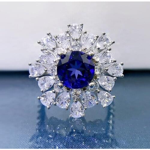 2021 New Arrival 925 Sterling Silver 8mm Sapphire Created Moissanite Diamond Wedding Party Flower Rings For Women Fine Jewelry