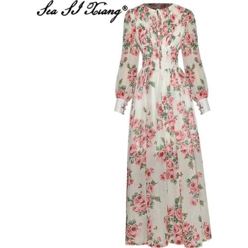 Seasixiang Fashion Designer Autumn Maxi Dress Women O-Neck Draped Lantern Sleeve Rose Flower Print Bohemian Long Dresses