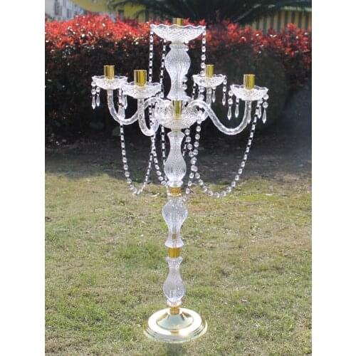 90 cm Height Acrylic 5-arms Metal Candelabras With Crystal Pendants Wedding Candle Holder Centerpiece Party Decor