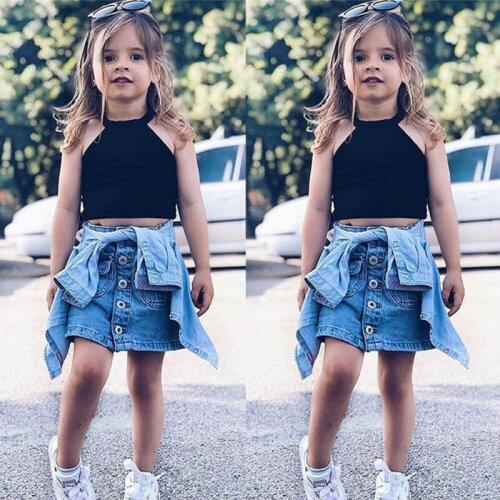 Pudcoco 2020 Summer Toddler Kids Baby Girl Solid Outfits Clothes Vest Top Shirt Denim Skirts Children Clothes For Girls
