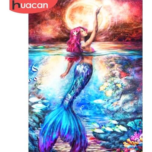 HUACAN 5D Diamond Painting Cross Stitch Mermaid Full Square Picture Of Rhinestones Diamond Mosaic Needlework Craft Gift
