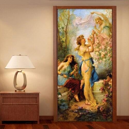 European Style Oil Painting Door Sticker Home Decor Mural Wallpaper Wall Decals Living Room Bedroom Door Decoration Stickers Art