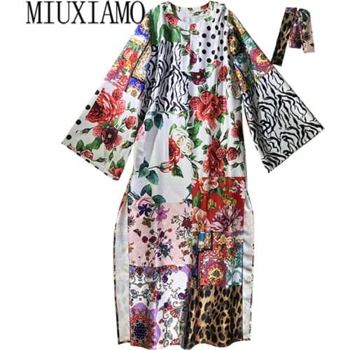 MIUXIMAO 2021 Bohemian Plus Size Dress o-neck Maxi Dress Women Silk Floor Length Dot Flower Print Kaftan Dress Belt