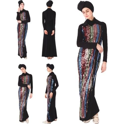 Muslim Women Sequins Long Dress Luxury Charm Party Evening Islamic Clothing Dubai Arab Jilbab Long Sleeve Abaya Turkish Fashion