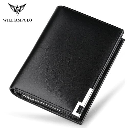 WILLIAMPOLO Genuine Leather Men Wallets 14 Business Card Holders Zipper Pocket Purse Carteira PL218
