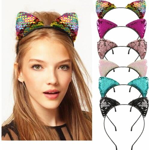 XIMA 1PC 2018 Women Reversible Sequins Glitter Hair Hoop Cat Ears Headband for Party Gift GHB067