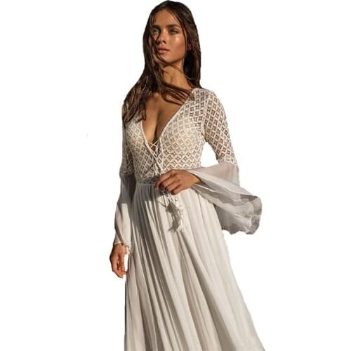 AECU Women Sexy Dress Long Flare Sleeve V Neck White Tassel Hollow Boho Lace Maxi Dress Holiday Chic Autumn Female Dresses