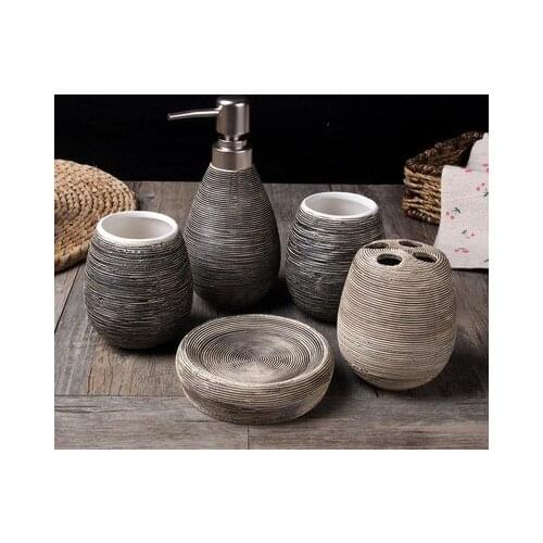 Simple Bathroom Decoration Ceramic Bathroom Four-piece Lotion Bottle Mouthwash Cup Soap Dish Round Terrazzo Bathroom Supplies