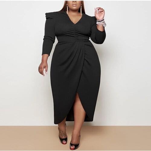 Plus Size Black Dress 3xl 4xl Long Sleeve High Waist Deep v Neck High Split Solid Elegant For Evening Party Vestidos Big Size