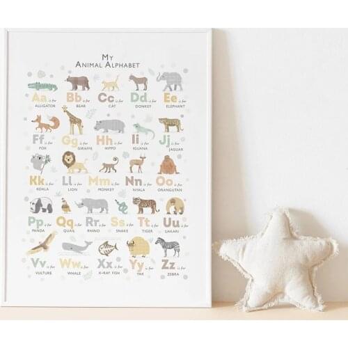 Safari Animal Alphabet Poster Nursery Boho Canvas Painting Nordic Modern Baby Wall Art Print Kids Room Home Decor Cuadros Para