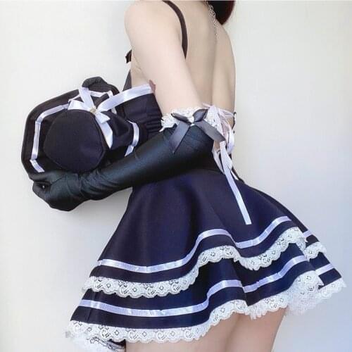 Lolita Sexy Maid Cosplay Costumes Cute Black Nightdress and Thong Anime School Girl Gothic Outfit for Woman with Hat and Glove